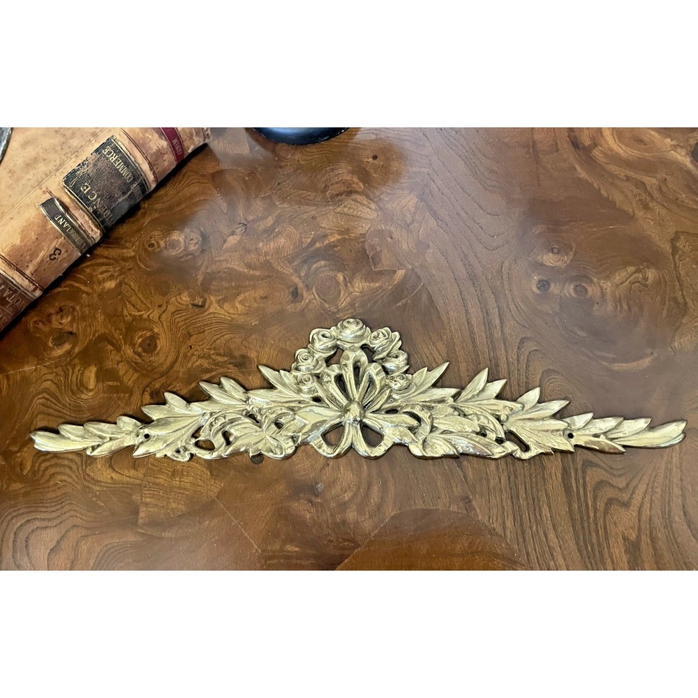 Vintage Ornate Brass Pediment Wall Mount 15 1/2 In. Ribbon Floral French Country